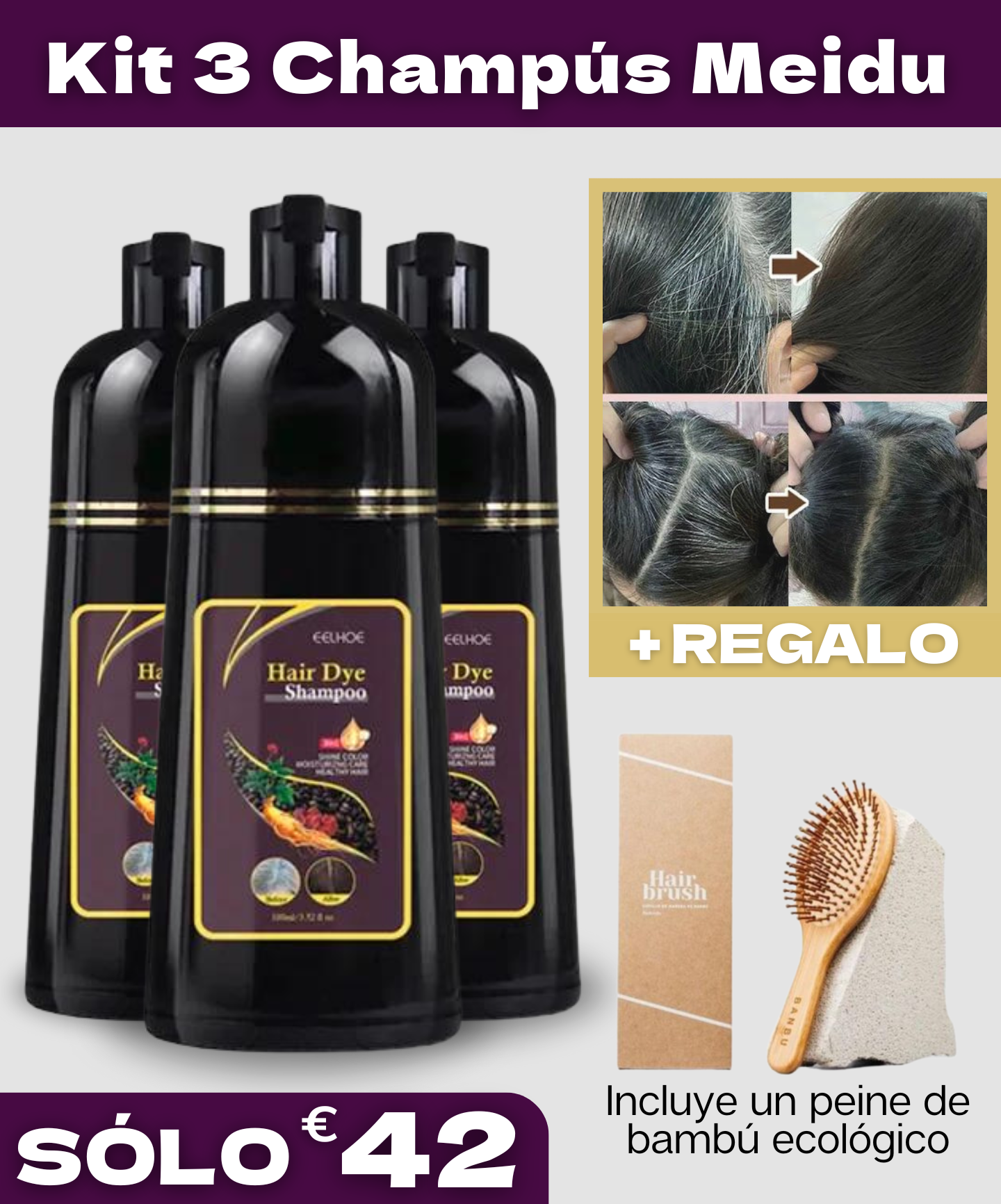 Champú 3 en 1 para Canas + Peine de bambú ecológico Regalo